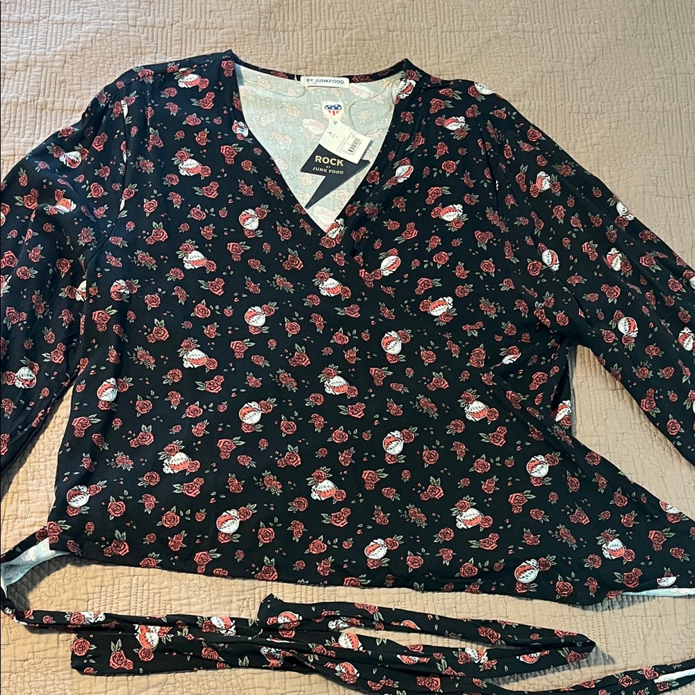 Grateful Dead Junk Food Clothing Black Wrap Top with roses and Stealie pattern